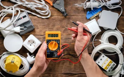 electrician-holding-hands-multimeter-wooden-workbench-various-electrical-equipment-background-electrical-works-189292094